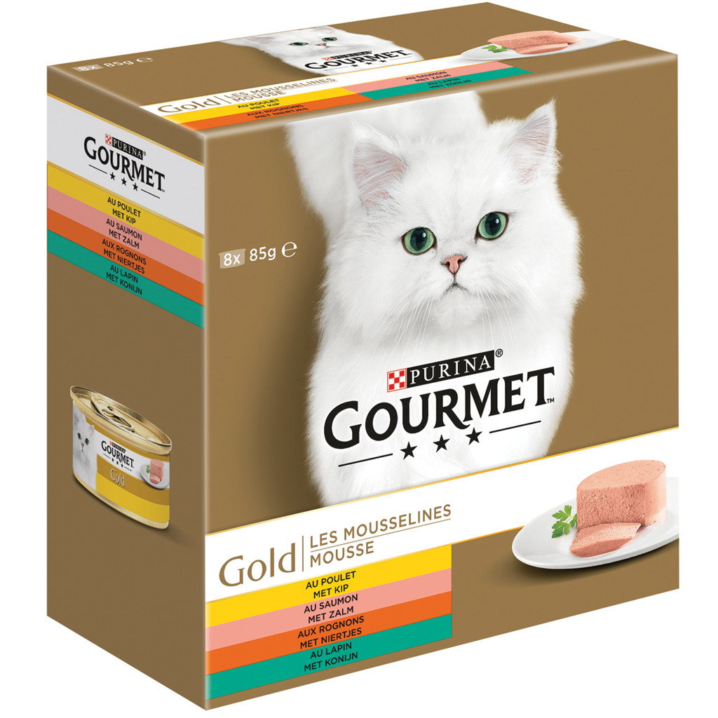 Gearceerd Klas Cusco Gourmet kattenvoer Gold Mousse kip, zalm, konijn 8 x 85 gr | Hofstede Dier  & Tuin